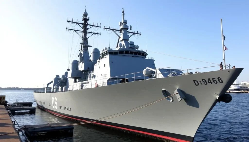 An image of the USS Edson DD-946 Destroyer docked in Bay City, Michigan, with a clear view of its deck and superstructure.
