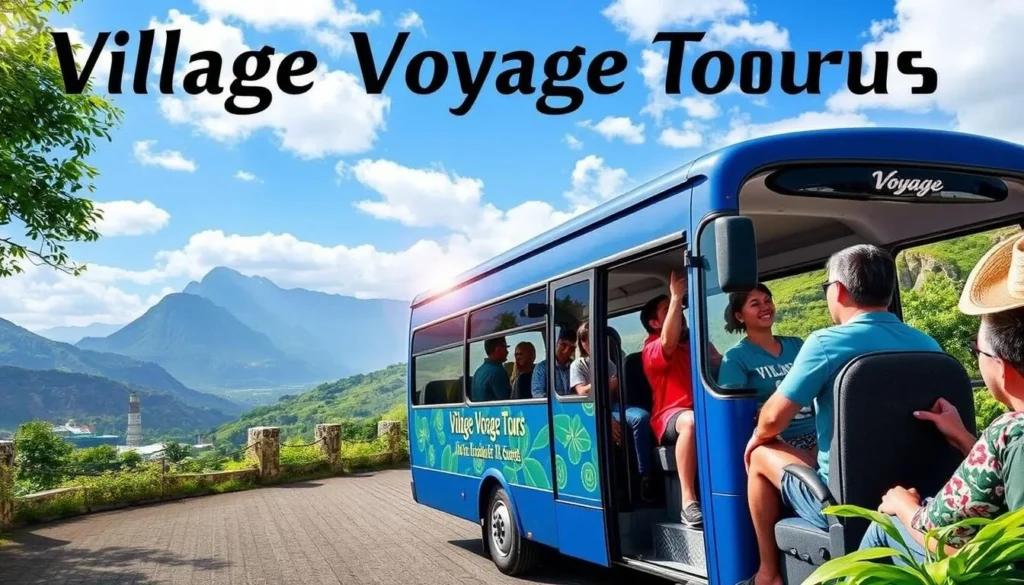 An image of the Village Voyage Van Tour, showcasing its air-conditioned bus and tour guides.