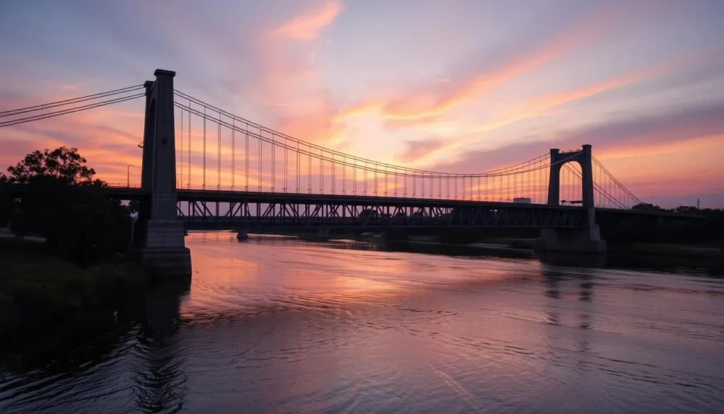 An image of the Waco Suspension Bridge at sunset with the Brazos River flowing underneath.