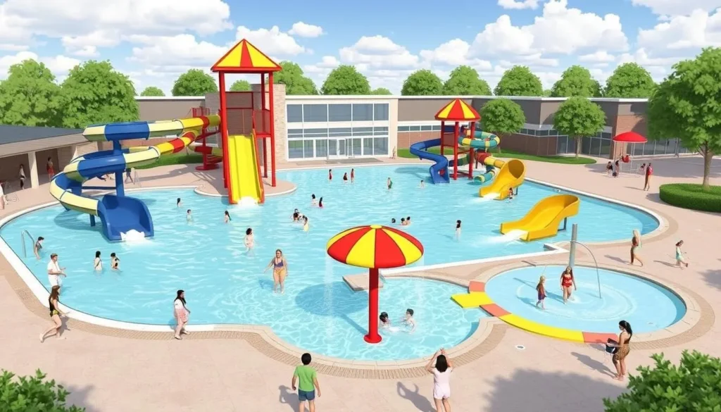 An image of the West Irving Aquatic Center's main pool area with water slides and splash pads for kids.