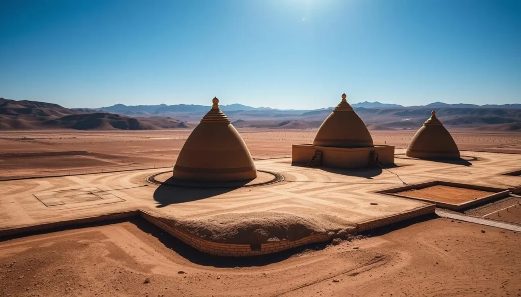 An image of the Western Xia Imperial Tombs, showcasing the majestic cone-shaped structures amidst the desert landscape.