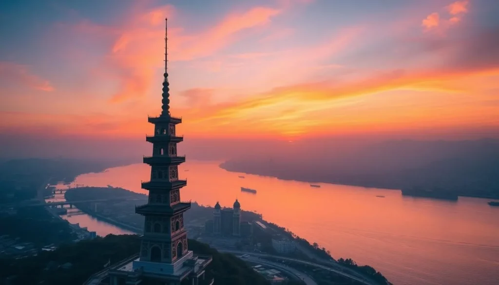 An image of the Yellow Crane Tower at sunset with the Yangtze River in the background.