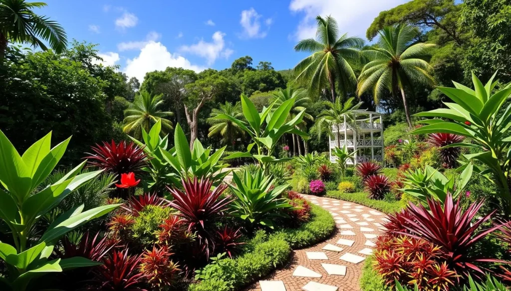 An image of the beautiful Andromeda Botanical Gardens in Barbados, showcasing its diverse plant species.