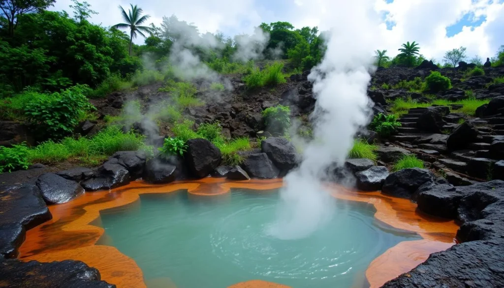 An image of the boiling Semuliki Hot Springs with steam rising from the ground.