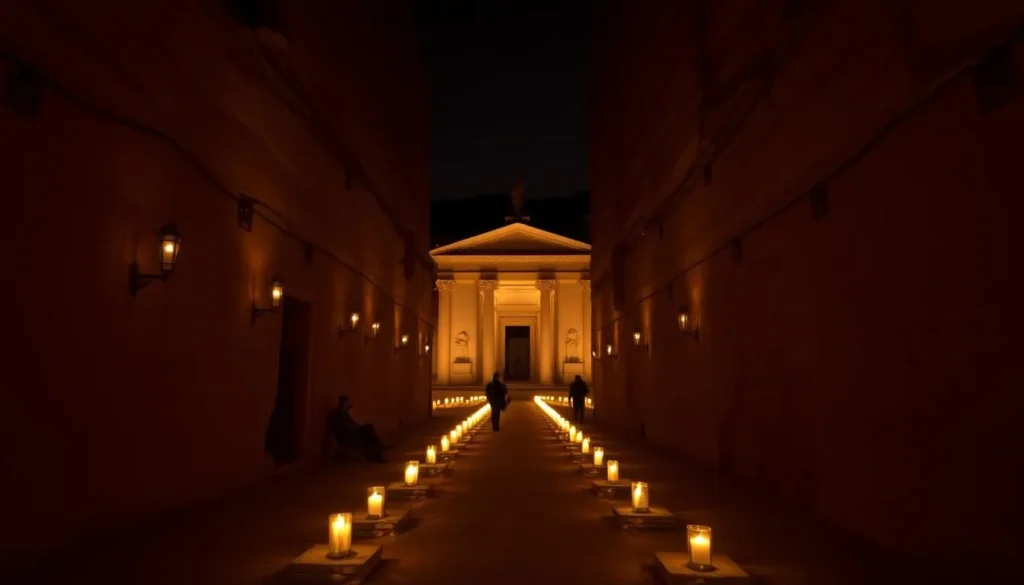 An image of the candlelit path through the Siq to the Treasury at night.