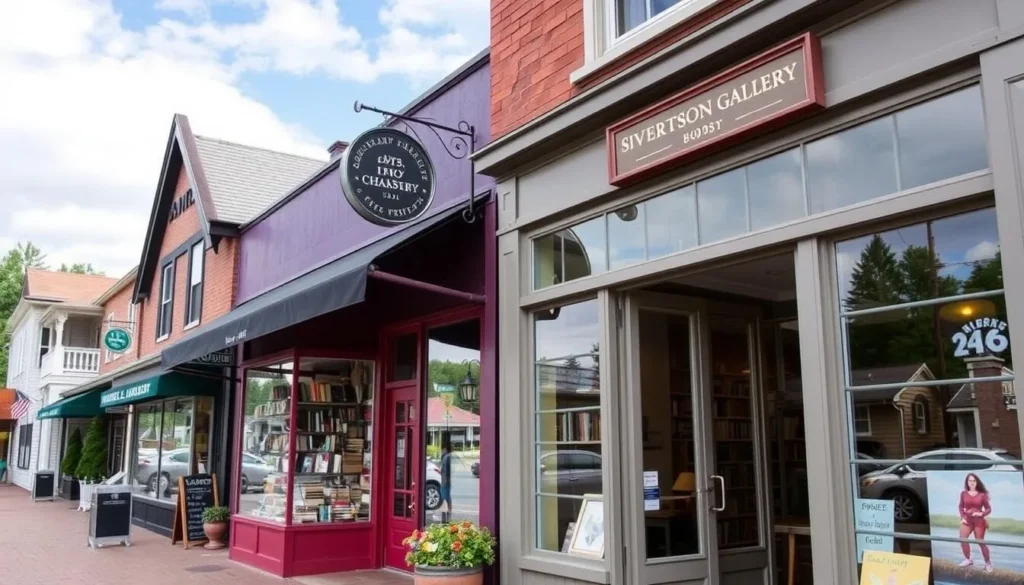 An image of the charming downtown Grand Marais shops, including Drury Lane Books and Sivertson Gallery.