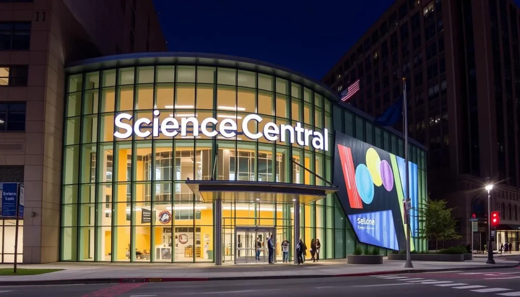 An image of the exterior of Science Central in Fort Wayne, Indiana, showcasing its modern architecture and inviting entrance.