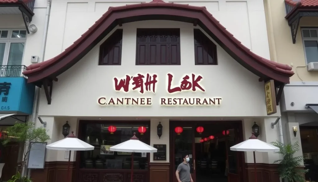 An image of the exterior of Wah Lok Cantonese Restaurant in Singapore, showcasing its traditional Cantonese architecture.