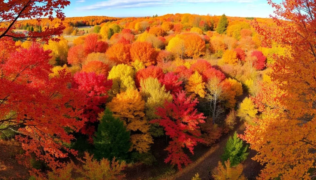 An image of the fall foliage at Tarrywile Park, with a panoramic view of the autumn colors.