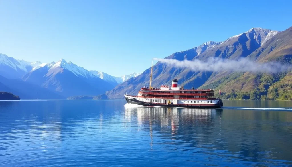 An image of the historic TSS Earnslaw steamship cruising on Lake Wakatipu.