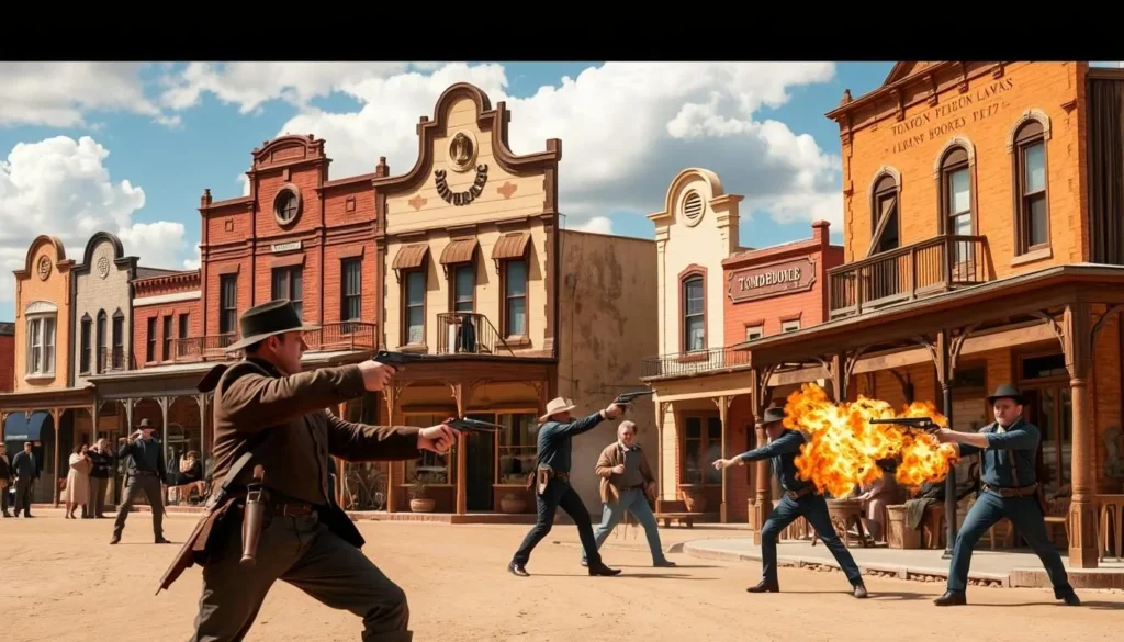 An image of the historic town of Tombstone, with preserved 19th-century architecture and a reenactment of a gunfight.