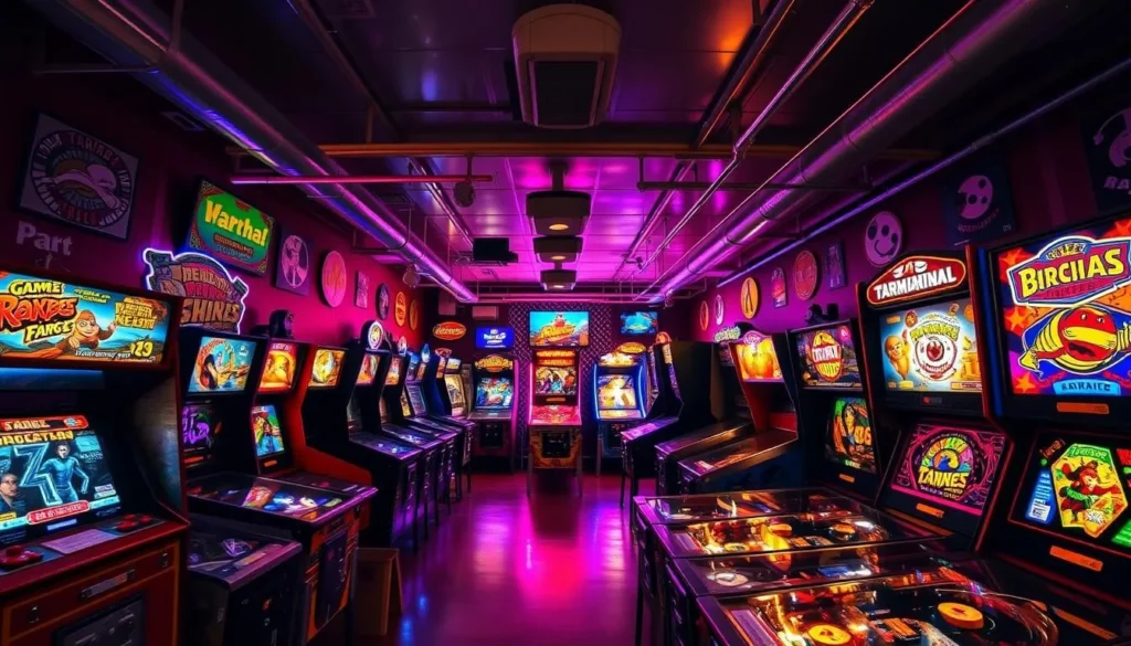 An image of the interior of Game Terminal Arcade, featuring rows of classic arcade games and pinball machines. An image of the interior of Game Terminal Arcade, featuring rows of classic arcade games and pinball machines.