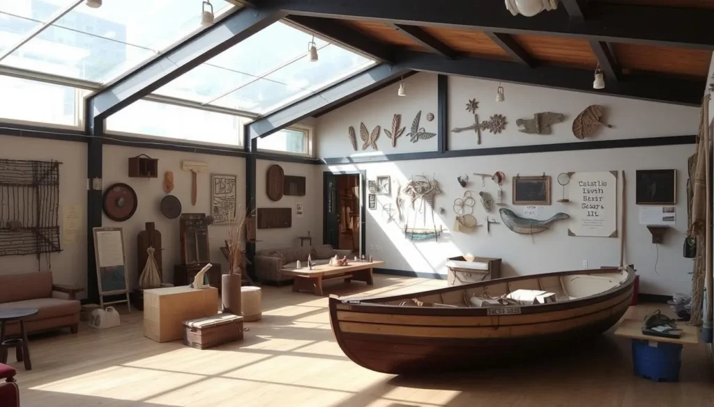 An image of the interior of The Big Barge Art Centre, showcasing local art pieces made from materials washed ashore.