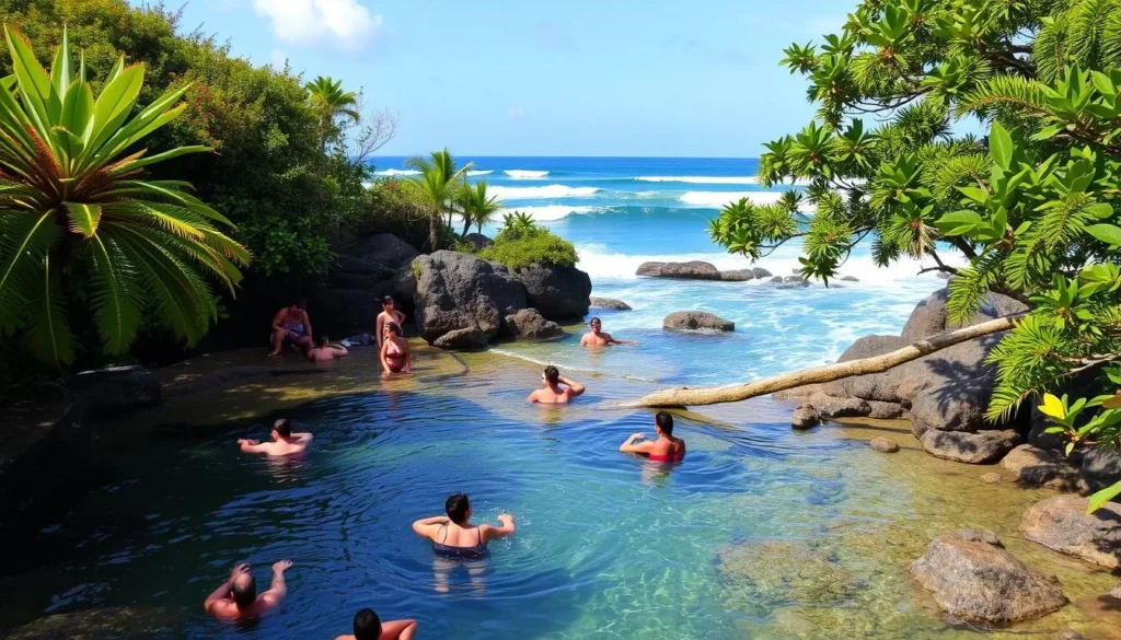 An image of the natural pools in Bathsheba, Barbados, with people relaxing and enjoying the surroundings.