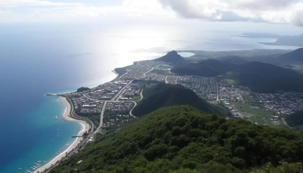 An image of the panoramic view from Morne Bruce Hill, showing Roseau and the Caribbean Sea.