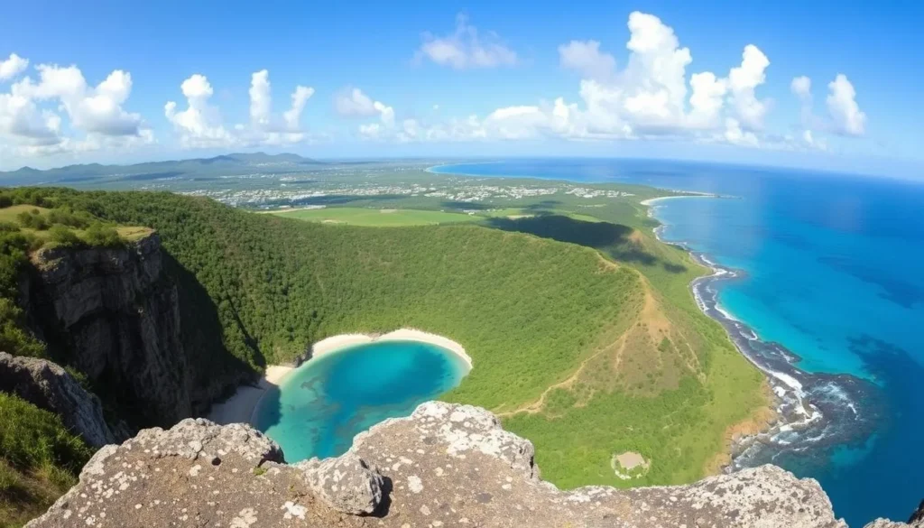 An image of the panoramic views from Hackleton's Cliff in Barbados, showing the east coast and the Scotland District.