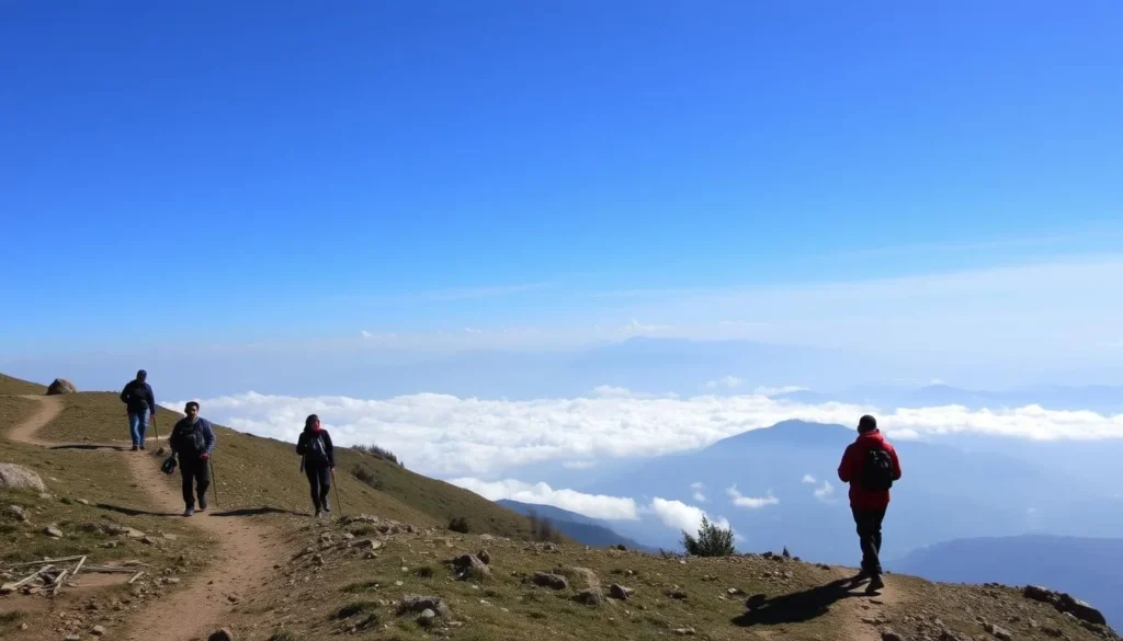 An image of the trekking trail from Nagarkot to Dhulikhel with hikers and the Himalayan range in the background.