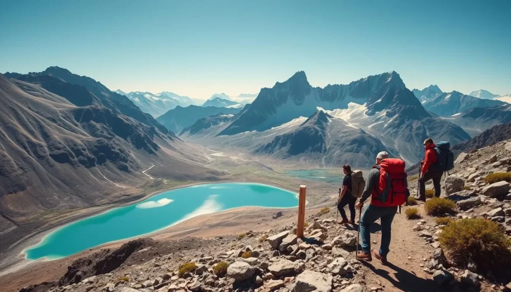 An image of trekkers in the Fann Mountains with turquoise alpine lakes