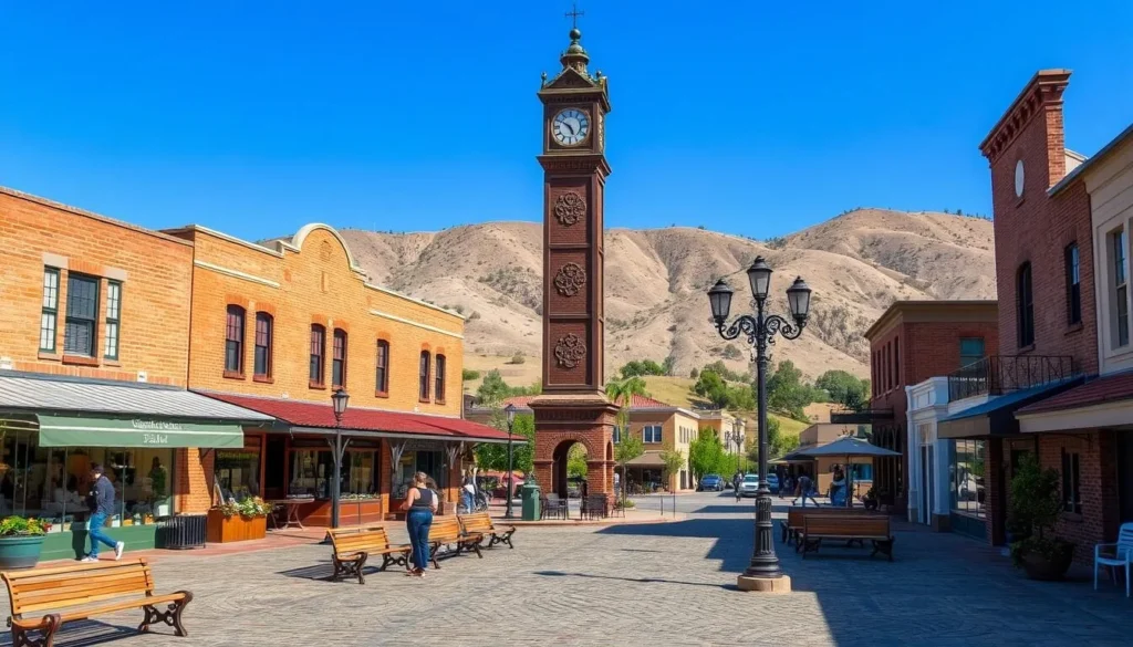 An old-fashioned town square in Temecula, California, on a bright, sunny day. In the foreground, cobblestone streets are lined with quaint, two-story brick buildings housing charming boutiques, antique shops, and cozy cafes. Wooden benches and ornate lampposts dot the plaza, creating a nostalgic, pedestrian-friendly atmosphere. In the middle ground, a towering, historic clocktower stands as the centerpiece, its intricate design casting long shadows across the bustling scene. In the background, rolling hills and a clear blue sky provide a picturesque, pastoral backdrop, evoking a timeless, small-town ambiance.