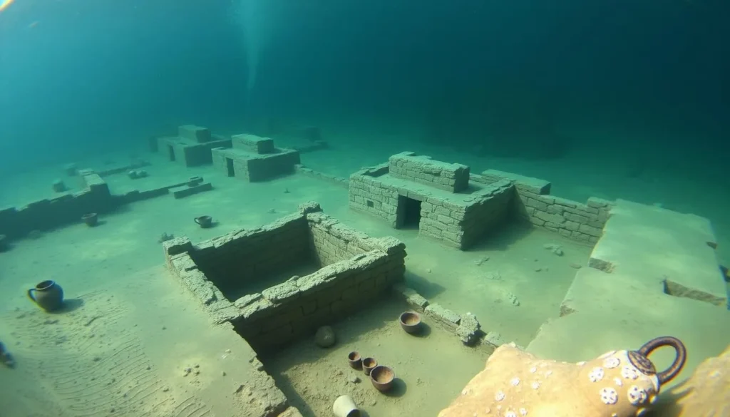 An underwater archaeological site with visible house foundations and pottery