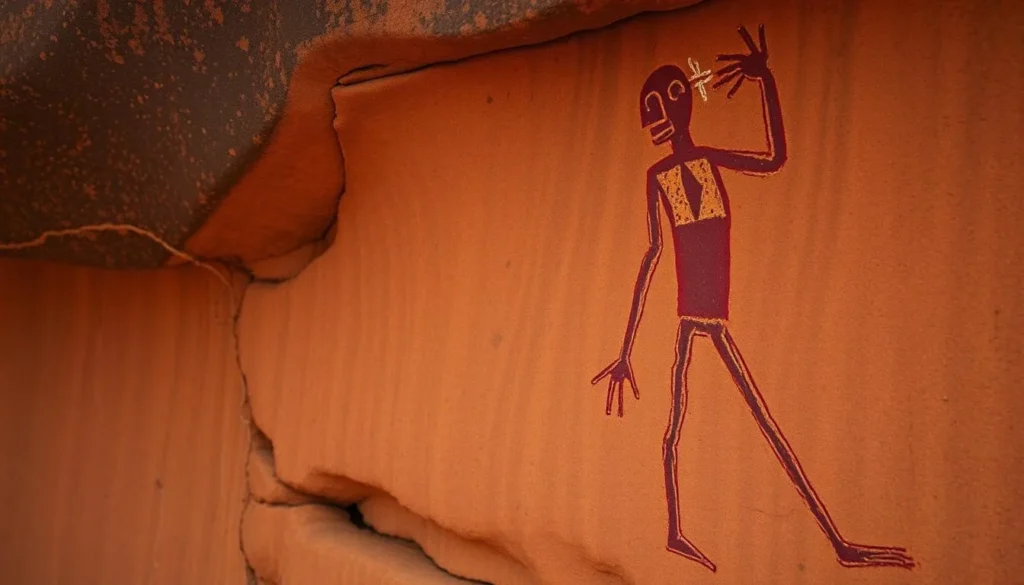 Ancient Aboriginal rock art at Nourlangie showing the Lightning Man (Namarrkon) figure Ancient Aboriginal rock art at Nourlangie showing the Lightning Man (Namarrkon) figure