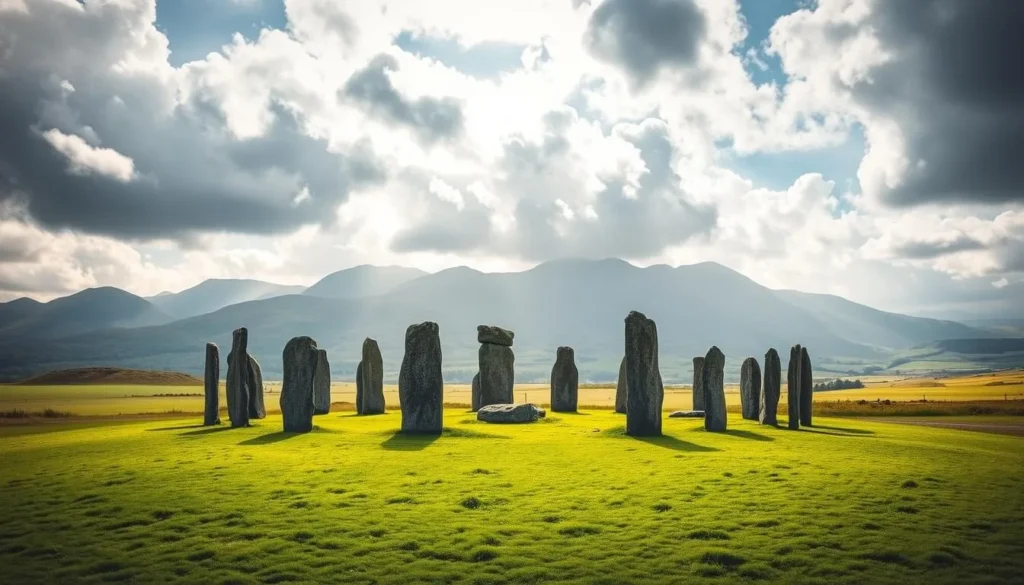 Ancient Castlerigg Stone Circle with mountain backdrop in the Lake District, England Ancient Castlerigg Stone Circle with mountain backdrop in the Lake District, England