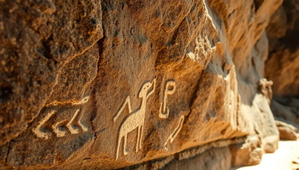 Ancient Polynesian petroglyphs carved into the cliff base at Down Rope Beach, Pitcairn Island