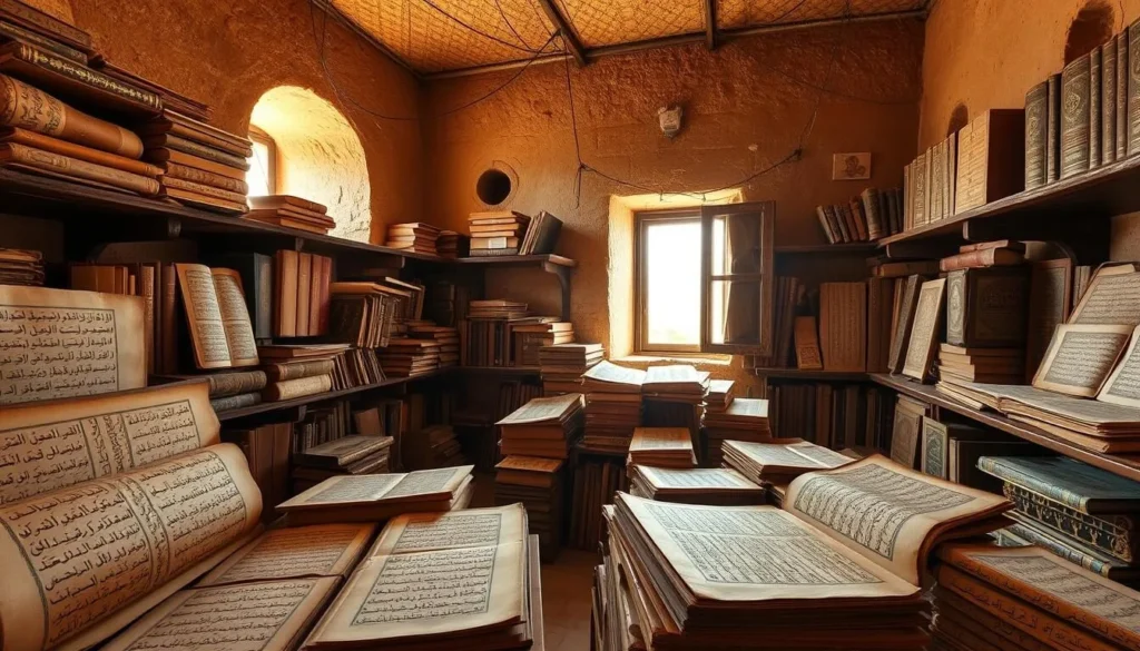 Ancient manuscripts in one of Chinguetti's historic libraries, Mauritania Ancient manuscripts in one of Chinguetti's historic libraries, Mauritania