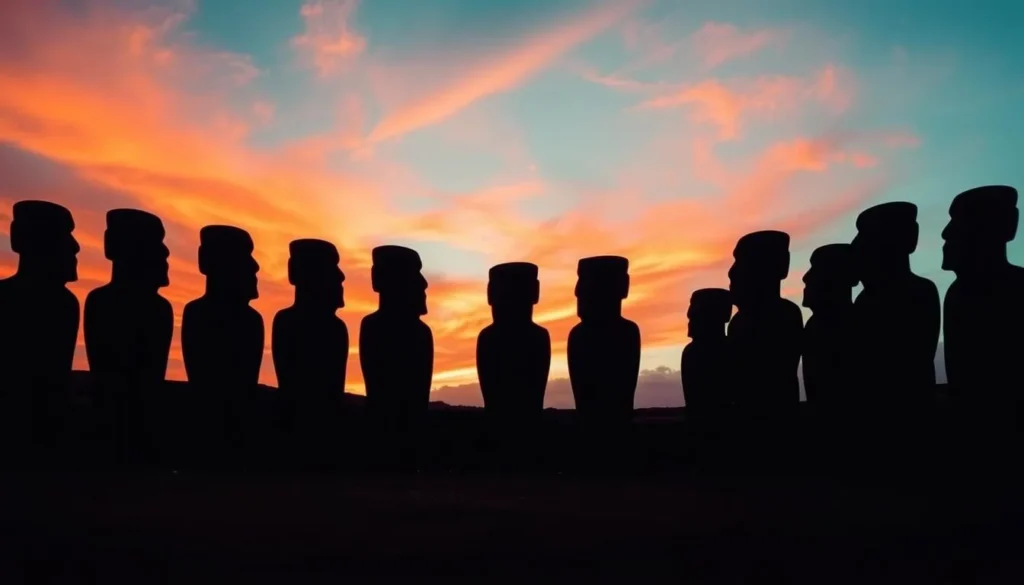 Ancient moai statues at Ahu Tongariki on Easter Island at sunrise, one of the best things to do in Chile Ancient moai statues at Ahu Tongariki on Easter Island at sunrise, one of the best things to do in Chile
