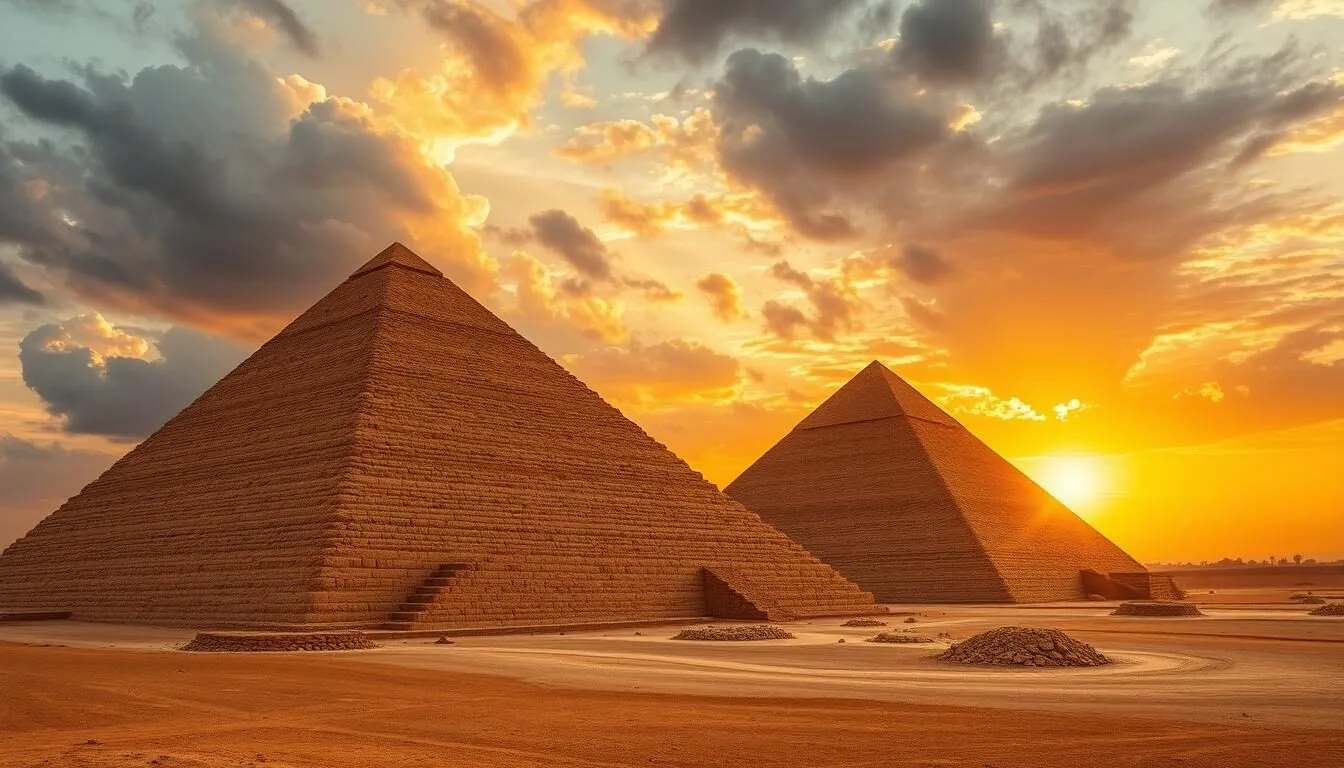 Ancient pyramids of Meroe in Sudan at sunset with golden light illuminating the structures