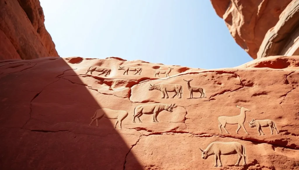 Ancient rock engravings at Twyfelfontein showing animals and hunting scenes - best things to do in Namibia