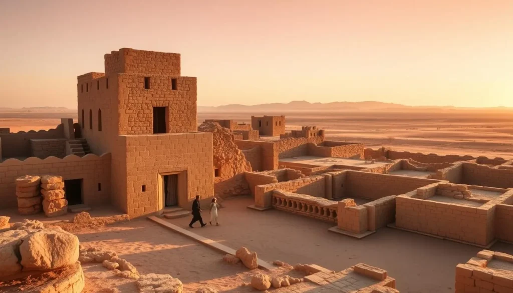 Ancient stone ruins of Ouadane's old town against desert backdrop Ancient stone ruins of Ouadane's old town against desert backdrop