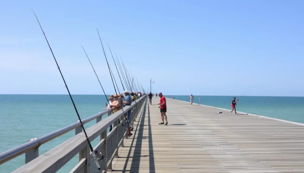 Anglers fishing from Horace Caldwell Pier on Mustang Island with the Gulf of Mexico in the background