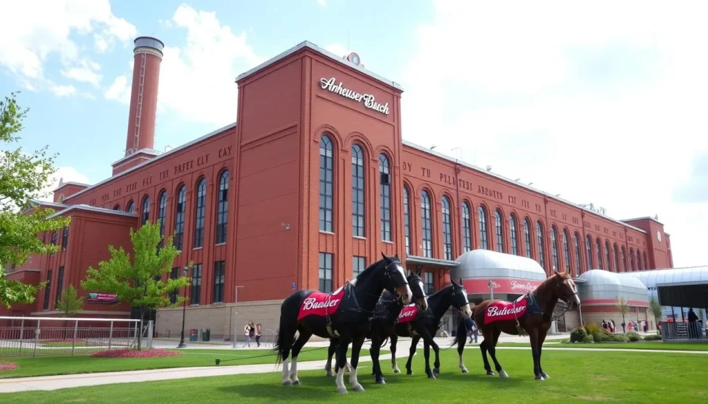 Anheuser-Busch Brewery complex with red brick architecture and Budweiser Clydesdales