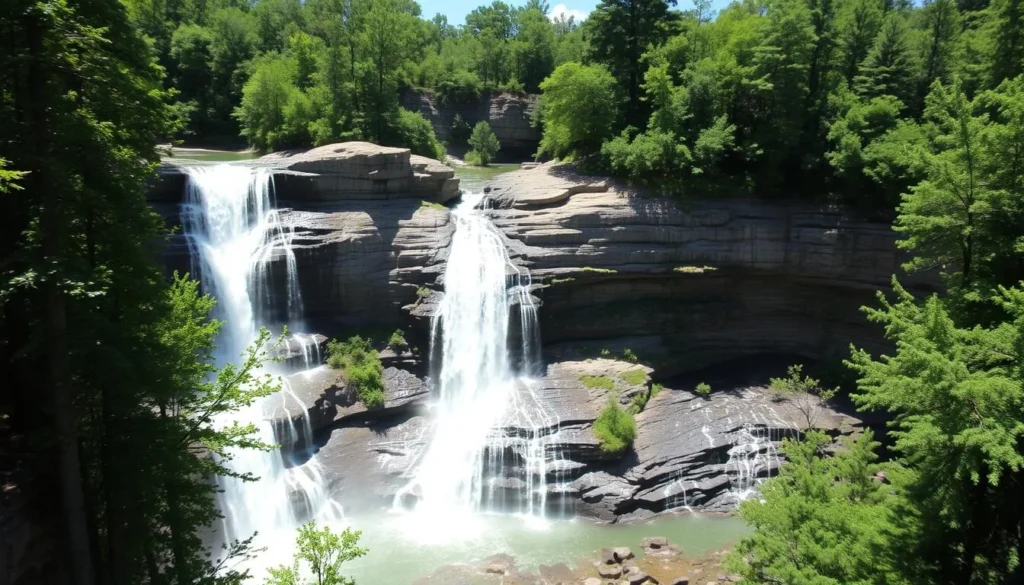 Anna Ruby Falls in Chattahoochee-Oconee National Forest with cascading water and surrounding lush forest