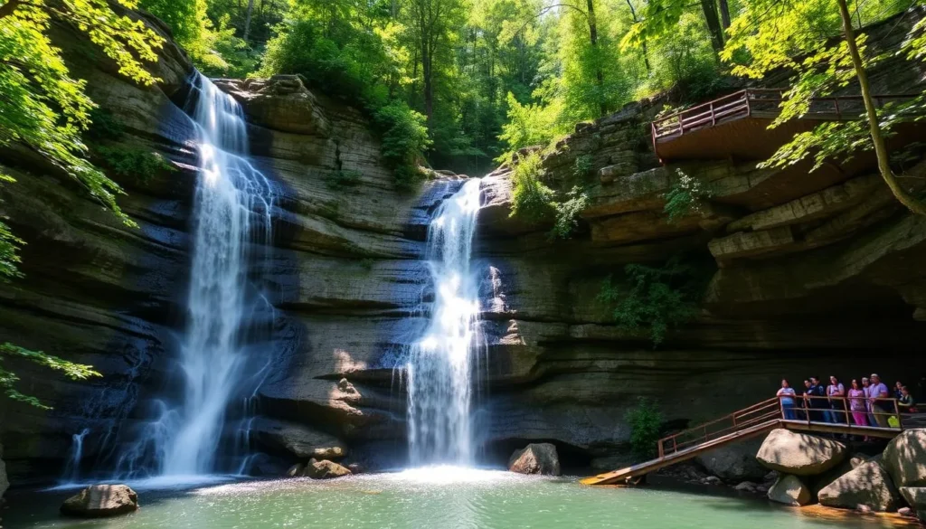 Anna Ruby Falls in Helen Georgia with twin waterfalls cascading down rocky cliffs