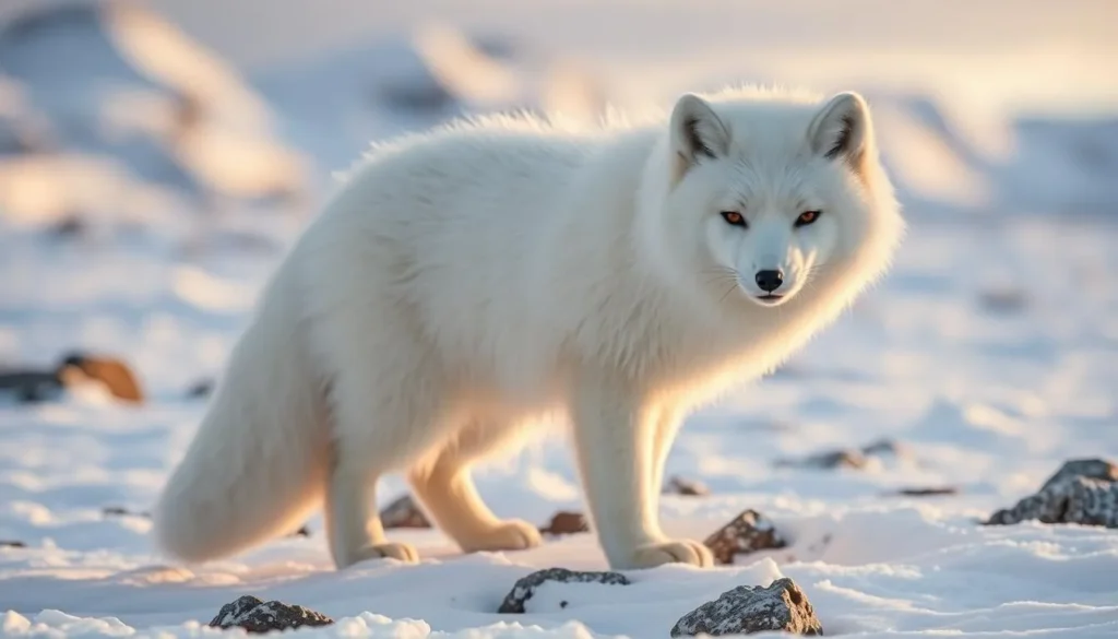 Arctic fox in white winter coat in Svalbard, wildlife viewing Svalbard and Jan Mayen things to do Arctic fox in white winter coat in Svalbard, wildlife viewing Svalbard and Jan Mayen things to do