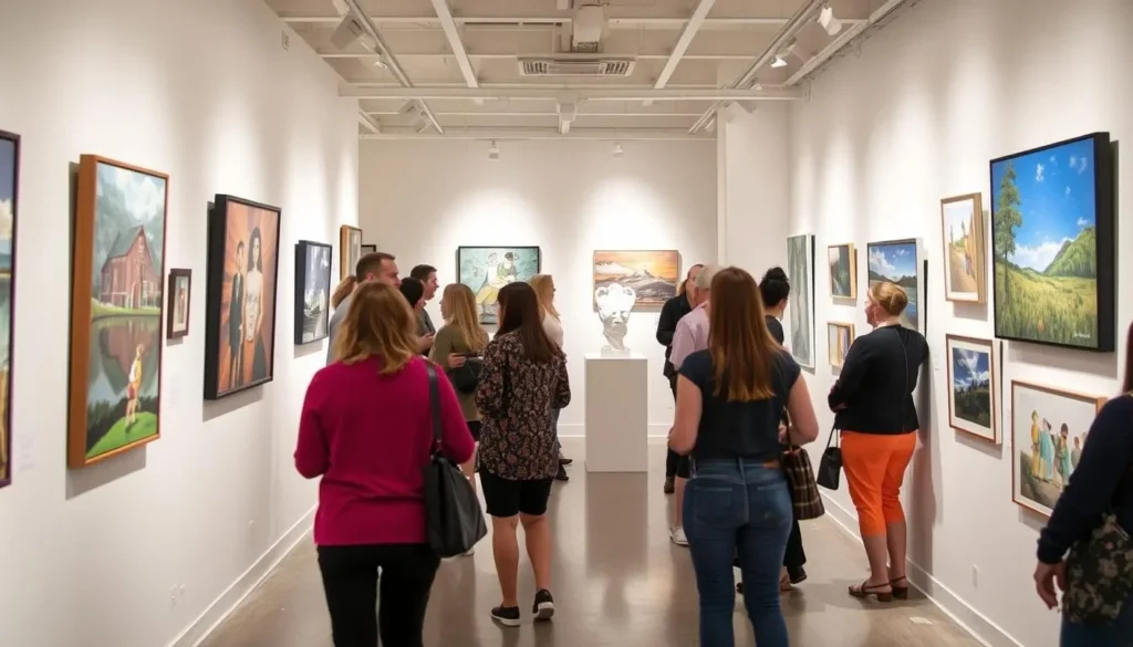 Art gallery exhibition in Commerce City featuring local artists' work with visitors viewing displays Art gallery exhibition in Commerce City featuring local artists' work with visitors viewing displays