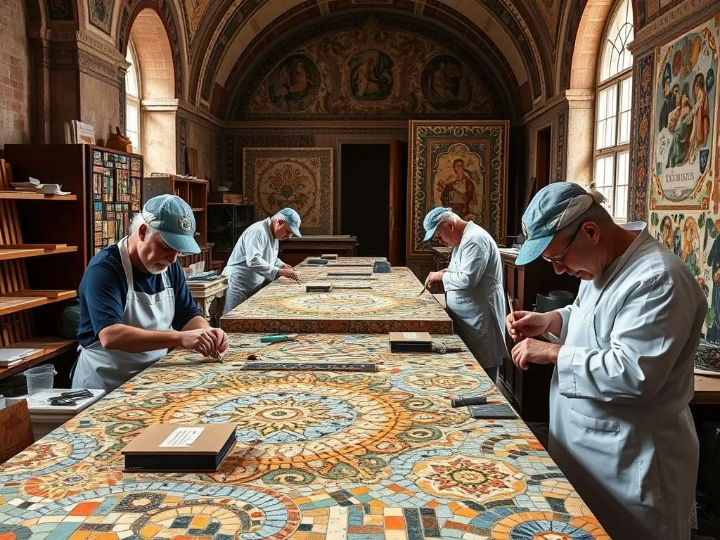 Artisans working in the Vatican Mosaic Studio creating intricate mosaic pieces