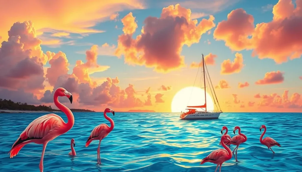 Aruba sunset cruise image with flamingos and a sailing boat Aruba sunset cruise image with flamingos and a sailing boat