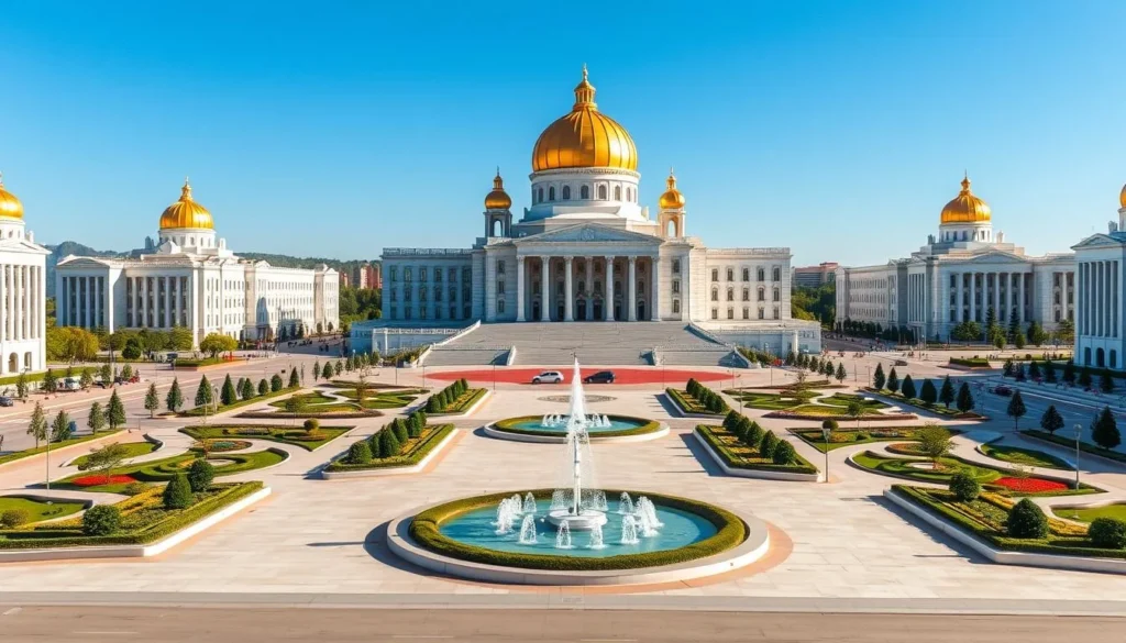 Ashgabat's modern architecture with white marble buildings and golden domes, showcasing the best things to do in Turkmenistan Ashgabat's modern architecture with white marble buildings and golden domes, showcasing the best things to do in Turkmenistan