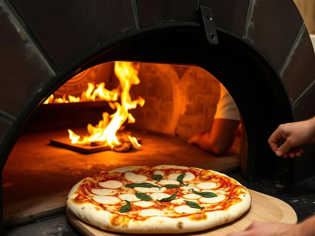 Authentic Neapolitan pizza being prepared in a wood-fired oven at Il Canale in Washington DC