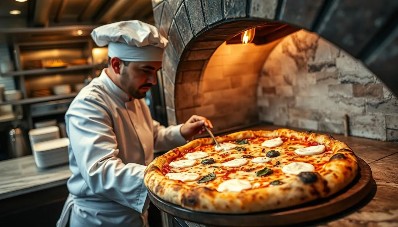 Authentic Neapolitan pizza being prepared in a wood-fired oven at one of Washington DC's acclaimed pizza restaurants