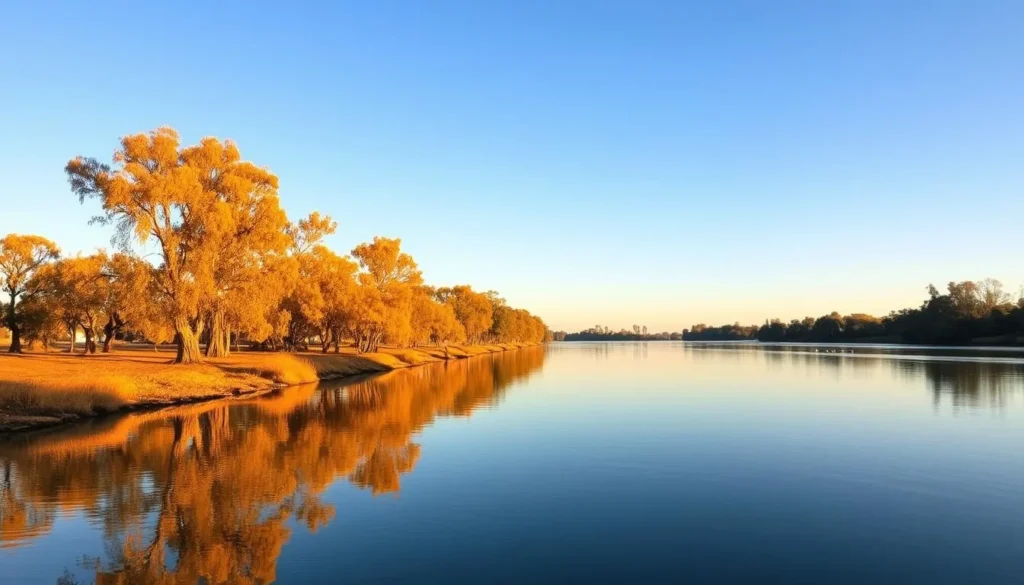 Autumn colors along the Murray River in the Murraylands Region South Australia with golden trees reflecting in calm water