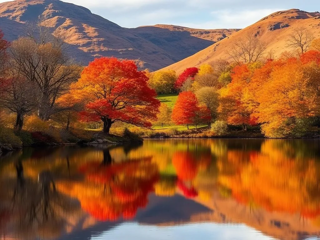 Autumn colors in Grasmere with trees displaying vibrant red and gold foliage around the lake Autumn colors in Grasmere with trees displaying vibrant red and gold foliage around the lake