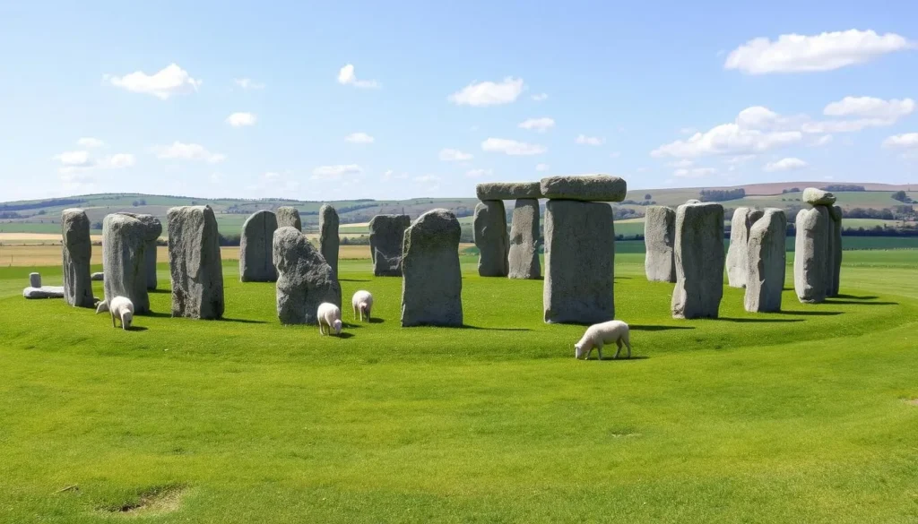 Avebury Stone Circle with large standing stones in a grassy field with sheep grazing nearby