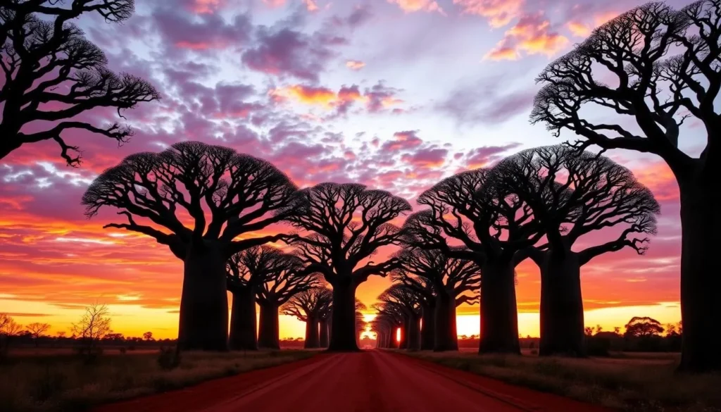 Avenue of the Baobabs at sunset with silhouetted trees against orange sky Avenue of the Baobabs at sunset with silhouetted trees against orange sky
