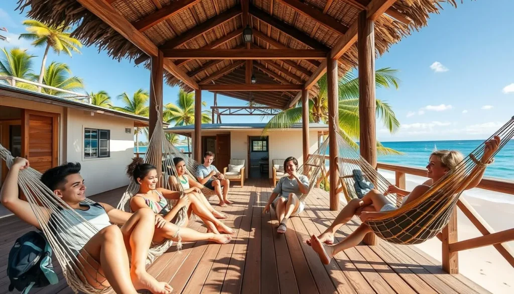 Backpackers relaxing in hammocks at a budget beachfront hostel in Fiji