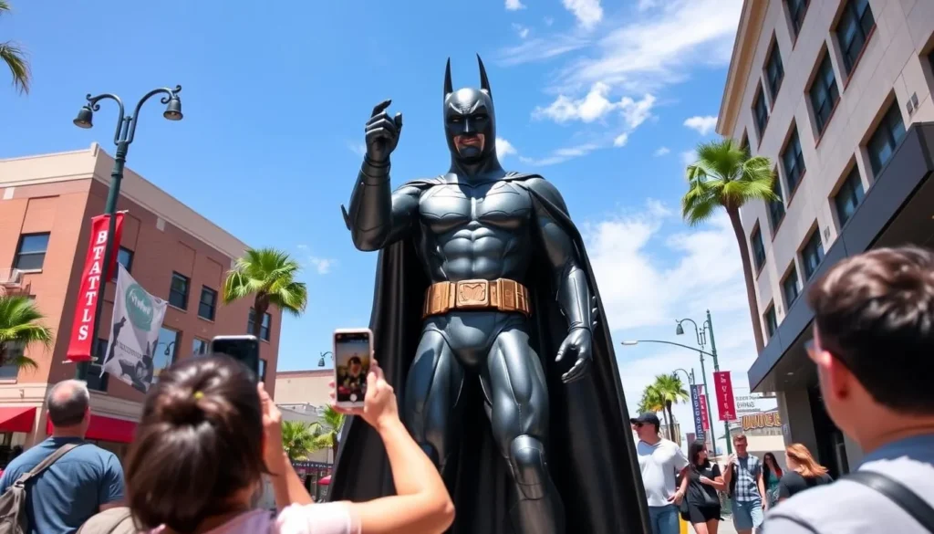 Batman statue in Downtown Burbank with visitors taking photos, a unique attraction among Burbank, California things to do Batman statue in Downtown Burbank with visitors taking photos, a unique attraction among Burbank, California things to do