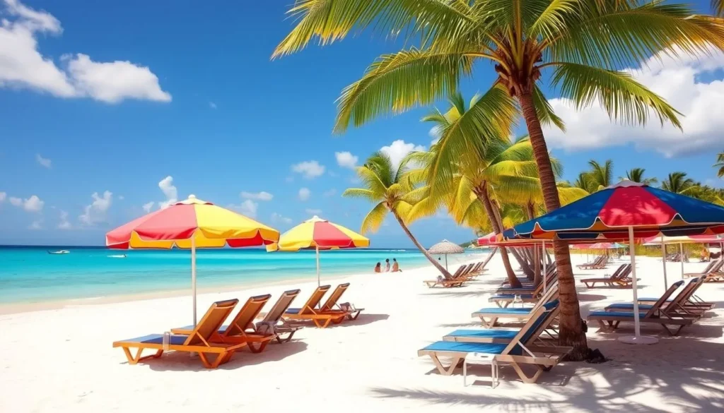 Beach chairs and umbrellas on the white sand of Carlisle Bay with calm turquoise waters Beach chairs and umbrellas on the white sand of Carlisle Bay with calm turquoise waters